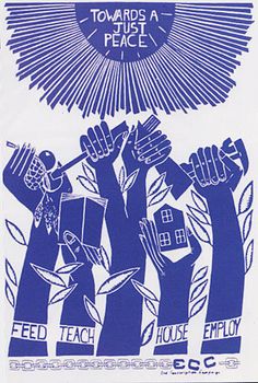 a blue and white poster with people raising their hands