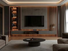 a living room with modern furniture and lighting