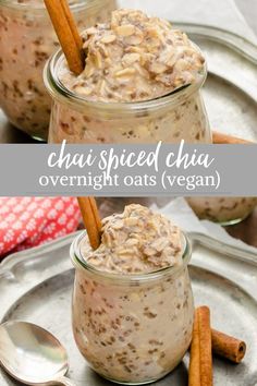 two jars filled with overnight oatmeal and topped with cinnamon sticks on top