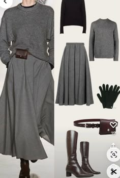 Grey Midi Skirt Outfit Winter, Styling A Midi Skirt In Winter, Midi Grey Skirt Outfit, Gray Midi Skirt Outfit, Midi Skirt Boots Outfit, Long Gray Skirt Outfit, Grey Skirt Outfit Winter, Grey Midi Skirt Outfit, Knee High Boots Winter Outfit