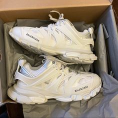 Size 44 White/White Track Sneakers *Last Buyer Never Paid So Item Was Not Sold Luxury Black Sneakers With Ventilation, Designer Sneakers With Cushioned Footbed For Streetwear, Luxury White Sneakers With Cushioned Footbed, Balenciaga Track Sneakers, Track Sneakers, White Balenciaga, Lux Fashion, New Jordans Shoes, Pretty Shoes Sneakers