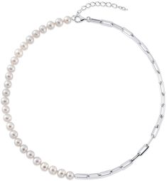 This beautiful, half chic-half trendy pearl necklace will make a beautiful and unique addition to your collection of pearl jewelry. This necklace is made with high-quality 925 sterling silver. You can opt for a retro-chic choker length measuring 16'' or you can extend it to 18'' length with the extension chain. This pearl necklace is sure to elevate your look while instantly providing an irresistible touch of refined glam. Chic Silver Pearl Necklace With Adjustable Chain, Chic Silver Pearl Necklace With Pendant, Modern Silver Pearl Chain Necklace, Leather Pearl Jewelry, Pearl Trend, Tin Cup, Single Pearl Necklace, Pearl Engagement Ring, Pearl Chain Necklace