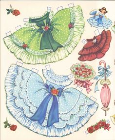 an old fashioned paper doll's dress and bonnets