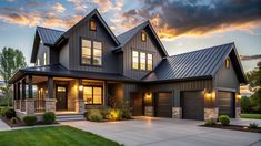 a large house with lots of windows on the front and side of it at sunset