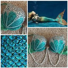 three pictures of mermaid bras with pearls on them