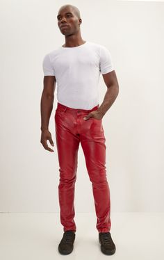 Style # 2475 Leather Bottoms With Five Pockets And Tapered Leg, Fitted Leather Pants With Five Pockets, Red Fitted Leather Pants, Fitted Leather Bottoms With Hip Pockets, Red Five-pocket Pants For Fall, Red Pants With Five Pockets For Fall, Red Fall Pants With Five Pockets, Fitted Leather Jeans With Five Pockets, Versatile Pants