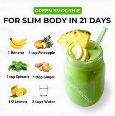 a green smoothie is in a mason jar with ingredients to make it super healthy