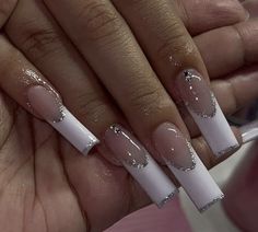 Fits For Clubbing, Cute First Time Acrylic Nails, Nails With No Gems, Rhinestone Summer Nails, Coffin French Tip Nails With Rhinestones, Long Nail Ideas With Diamonds, Square Tip Acrylic Nails, Ombre Bling Nails, Acrylics With Rhinestones