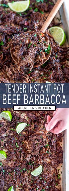 tender instant pot beet barbacoa with limes and parsley on top