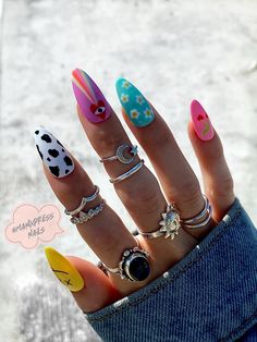 Smiley face, cow print, rainbow heart, flower and cherry press on nail set Medium Almond, Nail Shop, Dope Nails, Best Acrylic Nails