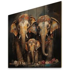 three elephants standing next to each other in front of a black background with red flowers