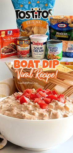 This is a 2 image photo. The top photo shows the ingredients needed to make the dip on a counter. The bottom photo shows this dip served in a white bowl. Triscuit Dip, Taco Seasoning Dip, Boat Dip Recipe, Healthy Chip Dip, Sour Cream Chip Dip, Tortillas Recipes, Boat Dip, Chip Dip Recipes, Dip Ideas