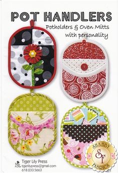 three pot holders and oven mitts are featured in this ad for the sewing book