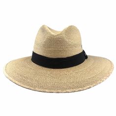 Natural tripilla palm sun hat for men and women. Tight micro-braided palm strands provide excellent sun protection. Shallow crow, 3.75" with deep center dent and front pinch. Slight front to back curve brim, 3.25". Black band. Triple metal grommets on each side for ventilation. Elastic inner comfort band. UPF 50+ sun protection hat. 100% palm fiber. Product of Mexico. Adjustable Short Brim Panama Hat For Vacation, Adjustable Flat Brim Panama Hat For Vacation, Classic Short Brim Sun Hat For Beach Season, Classic Brimmed Sun Hat For Beach Season, Adjustable Coastal Straw Hat Made Of Toquilla, Summer Travel Hat Made Of Palm Leaf, Adjustable Brimmed Panama Hat For Vacation, Lightweight Straw Brimmed Panama Hat, Adjustable Natural Boater Hat For Travel