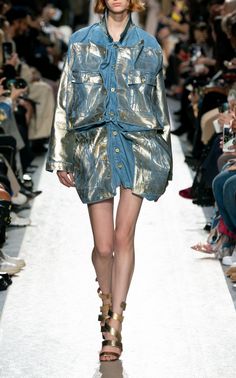 Foil On Denim, Metallic Runway Fashion, Y Project Fashion, Foil Denim, Metallic Clothing, Metallic Denim, Peacock Embroidery Designs, Peacock Embroidery