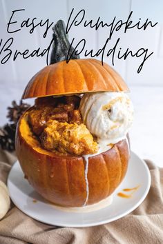 an easy pumpkin bread pudding recipe in a pumpkin bowl