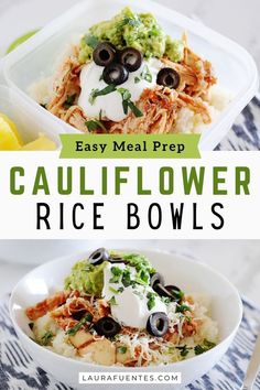 cauliflower rice with shredded chicken, sour cream , guacamole, and black olives Cauliflower Rice With Chicken Recipes, Chicken Enchilada Bowls With Cauliflower Rice, Cauliflower Rice Bowls Healthy, Cauliflower Rice Taco Bowl, Cauliflower Rice Lunch Ideas, Cauliflower Rice Ideas, Meals With Cauliflower Rice, Meal Prep Cauliflower Rice, Meal Prep Cauliflower