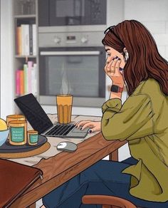 a woman sitting at a table with a laptop and cell phone in front of her