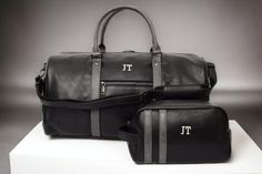 This men's gift set is perfect for your groomsmen as wedding favours, birthday gifts, father's day gift, anniversary gift. Personalized Bag, Mens Flight Duffle Bag, Overnight Bag, Weekend Bag, Christmas Gifts For Men  Its sturdy, its big enough to hold your accessories for the weekend and its sleek :) Good quality leather look material that has been tested and proven for years. Get this personalised with your choice of 2-4 letter initials. Letters are embroidered on both bags unless otherwise st Black Rectangular Travel Bag As Gift, Travel Bag Set, Cabin Luggage, Mens Travel, Sac Week End, Mens Travel Bag, Weekend Bag, Groomsmen Gift, Christmas Gifts For Men