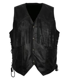 Genuine Leather Black Cowboy Vest Sleeveless Black Leather Jacket For Fall, Black Leather Vest For Fall, Western Leather Vest For Fall, Western Style Black Leather Jacket For Winter, Black Western Leather Jacket For Winter, Fitted Black Western Leather Jacket, Black Western Leather Jacket, Cowboy Fringe, Fringe Leather Vest