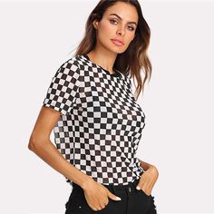 Material: Polyester, Spandex, 95% Polyester 5% Spandex • Sleeve Length (Cm): Short • Style: Regular, Casual, Sexy • Decoration: None • Collar: O-Neck • Type: Tops, Tees, Plaid, Broadcloth, Plaid • Fabric: Fabric Is Very Stretchy Y2k Style Black Mesh Top For Summer, Black Y2k Mesh Top For Summer, Y2k Black Mesh Top For Summer, Black Graphic Print Mesh Top With Crew Neck, Black Mesh Top With Graphic Print Crew Neck, Black Stretch Tops For Summer, Stretch Black Tops For Summer, Black Stretch Summer Tops, Casual Black Mesh Top