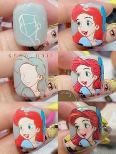 Nail Art Character Step By Step Designs, Princess Nail Designs, Disney Princess Nail Art, Korea Nail Art, Disneyland Nails