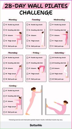 the 28 day wall pilates challenge is shown in pink and white, with instructions for