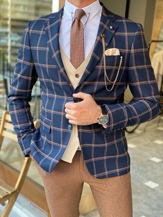 Abruzzo Blue Slim Fit Plaid Suit-baagr.myshopify.com-suit-BOJONI Dubai Wardrobe, Blue Striped Suit, Men Suits Blue, Blue Plaid Suit, Suit Clothes, Mens Fashion Coat, Suit Combinations, Clothes Jacket, Pants Gift