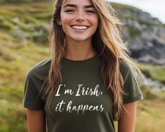 Show off your Irish pride with a touch of humor! This t-shirt features the phrase "I'm Irish, it happens" in a stylish and playful design. Whether you're celebrating your heritage, looking for a unique gift, or just want to add a fun piece to your wardrobe, this t-shirt is perfect. Available in various sizes and colors, it's a great way to make a statement and share a laugh with everyone around you. Wear it proudly and let the world know that being Irish is just part of the charm! This classic unisex jersey short sleeve tee fits like a well-loved favorite. Soft cotton and quality print make users fall in love with it over and over again. These t-shirts have-ribbed knit collars to bolster shaping. The shoulders are tapered for a better fit over time. Dual side seams hold the garment's shape Funny T-shirt With Custom Text For Gift, Irish Tshirts, Irish Funny, Irish Pride, T Shirt Funny, Playful Design, Leisure Wear, Jersey Shorts, Short Sleeve Tee