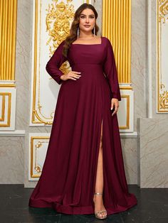 Vinho Casual Collar Manga Comprida Tecido Simples Em A Embellished Elasticidade Baixa Burgundy Dress Plus Size, Wine Bridesmaid Dress Long, Gowns For Plus Size Women, Pear Shaped Dresses, Wine Bridesmaid Dresses, Long Sleeve Bridesmaid Dress, Party Gown Dress, Fashion Show Dresses, Elegant Plus Size