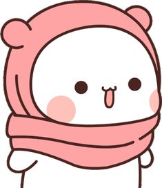 a cartoon bear wearing a pink scarf and hat with its tongue sticking out to the side