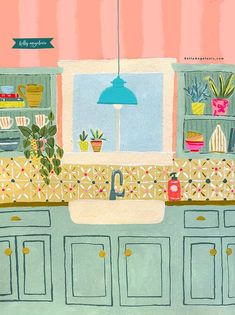 Mint Green Cabinets, Peaceful Kitchen, Kitchen View, Kitchen Goals, Illustration Editorial, Green Cabinets, Interior Illustration, Pink Walls