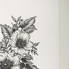 a black and white drawing of flowers in a vase