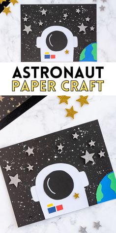 an astronaut paper craft with gold stars on it and the title above it reads, astronomy paper craft