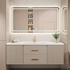 a bathroom with a sink, mirror and shelves on the wall next to each other