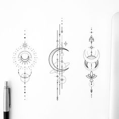 three different designs on the wall next to a pen