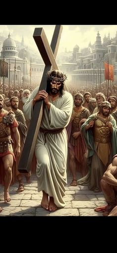 jesus carrying the cross with many people around him