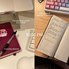 two different views of a desk with a notebook, keyboard and mouse