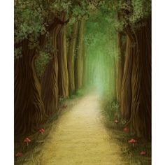 a painting of a path in the middle of a forest with lots of trees and flowers