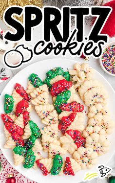 spritz cookies on a plate with christmas decorations