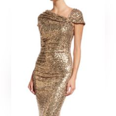 Badgley Mischka Collection Gold Sequin Cocktail Dress Size 16 Nwt Dress Was Nice Long And Has Been Cut To Cocktail Length. Has Never Been Worn. Elegant Gold Knee-length Evening Dress, Elegant Sheath Evening Dress For Holiday, Elegant Holiday Sheath Evening Dress, Elegant Evening Dress For Holiday Dinner, Glamorous Holiday Mother Of The Bride Dress, Elegant Sequined Sheath Evening Dress, Elegant Sheath Evening Dress With Sequins, Glamorous Fitted Mother Of The Bride Dress For Cocktail, Gold Fitted Evening Dress For Dinner