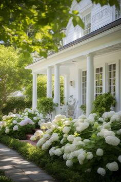 Farmhouse Living - Traditional White Home Exterior - Hydrangeas in Landscaping - Wrap around Porch Southern Interior, Southern Farmhouse, Southern Cottage, Countryside Cottage, Southern House, Farmhouse Interior Design, Farmhouse Landscaping, Inspire Me Home Decor, Home Landscaping