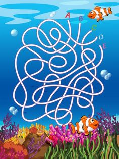 an underwater maze with clown fish and corals on the ocean floor illustration for children