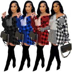 Plaid Print Long Sleeve Single-breasted Shirt Dress Casual Button-up Winter Mini Dress, Casual Button-up Mini Dress For Winter, Plaid Long Sleeve Shirt Dress With Buttons, Plaid Long Sleeve Mini Dress For Day Out, Casual Long Sleeve Plaid Mini Dress, Plaid Print, Single Breasted, 1 Million, Shirt Dress