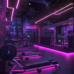 there are many exercise machines in the room with neon lights on them and purple lighting