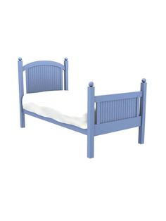 a blue bed frame with white sheets on it and no headboard or foot board