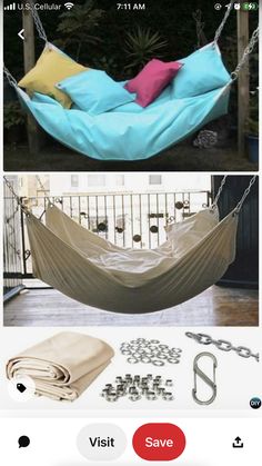 a hammock with two pillows and chains on the bottom, and an image of a