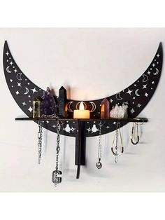 200+ Aesthetic Cozy Halloween Bedroom Decor Ideas to Try in 2024 | Indoor Halloween Decorations Moon Wall Shelf, Nick Nacks Display Shelves, Bedroom Crystals Decor, Witchy Bedroom Ideas Diy, Crystal Storage Ideas, Moon Shelves, Crystal Display Ideas, Shelf For Crystals, Witchy Bedroom Ideas