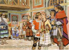 a painting of two people kissing in front of a group of people wearing medieval clothing