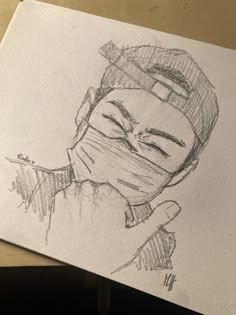 a drawing of a man with his eyes closed and wearing a surgical mask over his face